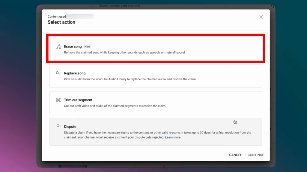 YouTube Studio offering options to trim the video segment, replace the song, or erase audio identified by a Content ID claim.