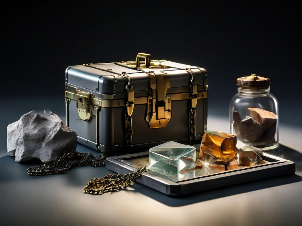 A sealed metal storage case beside a short chain and small blank blocks suggesting organized file locations on a stone counter.