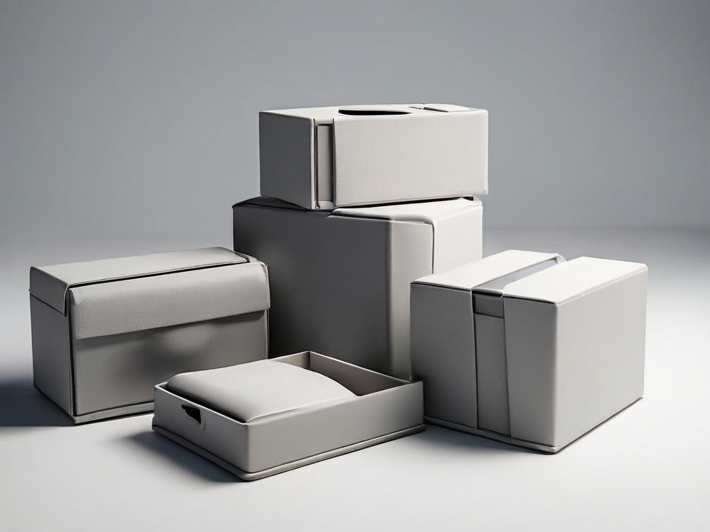 Small gray archive boxes and blank compartment inserts arranged neatly on a matte surface, representing organized information.