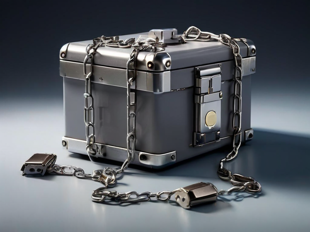 Metal chain-link storage box with small block icons on a gray studio surface.