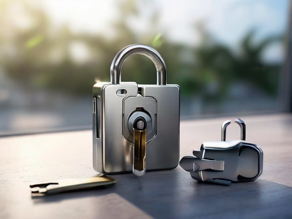 Metal lock and blank security card on brushed metal surface under angled morning light.