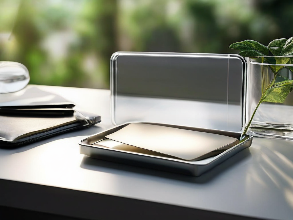 Brushed metal tray holds blank divider cards and a compact storage container, organized with natural morning light and shallow...