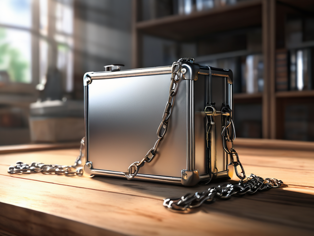 Brushed metal case with chain and small blocks representing linked file locations, morning light.
