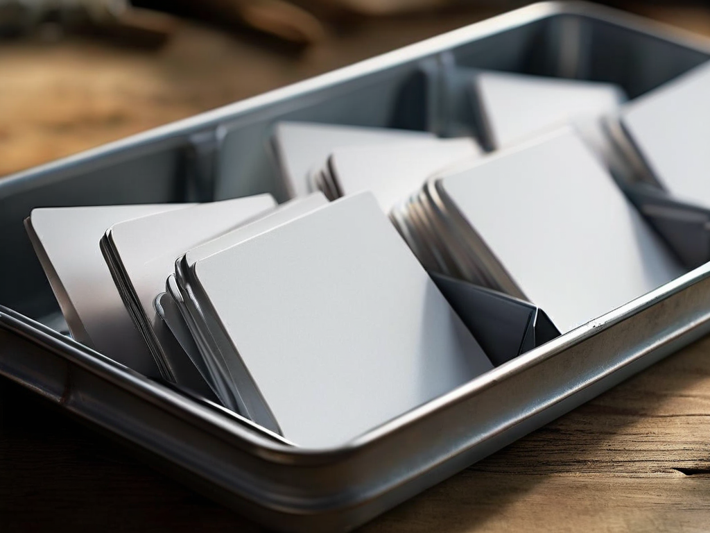 Blank card dividers arranged chronologically in a metal tray, brushed steel surface, morning light, shallow depth of field.