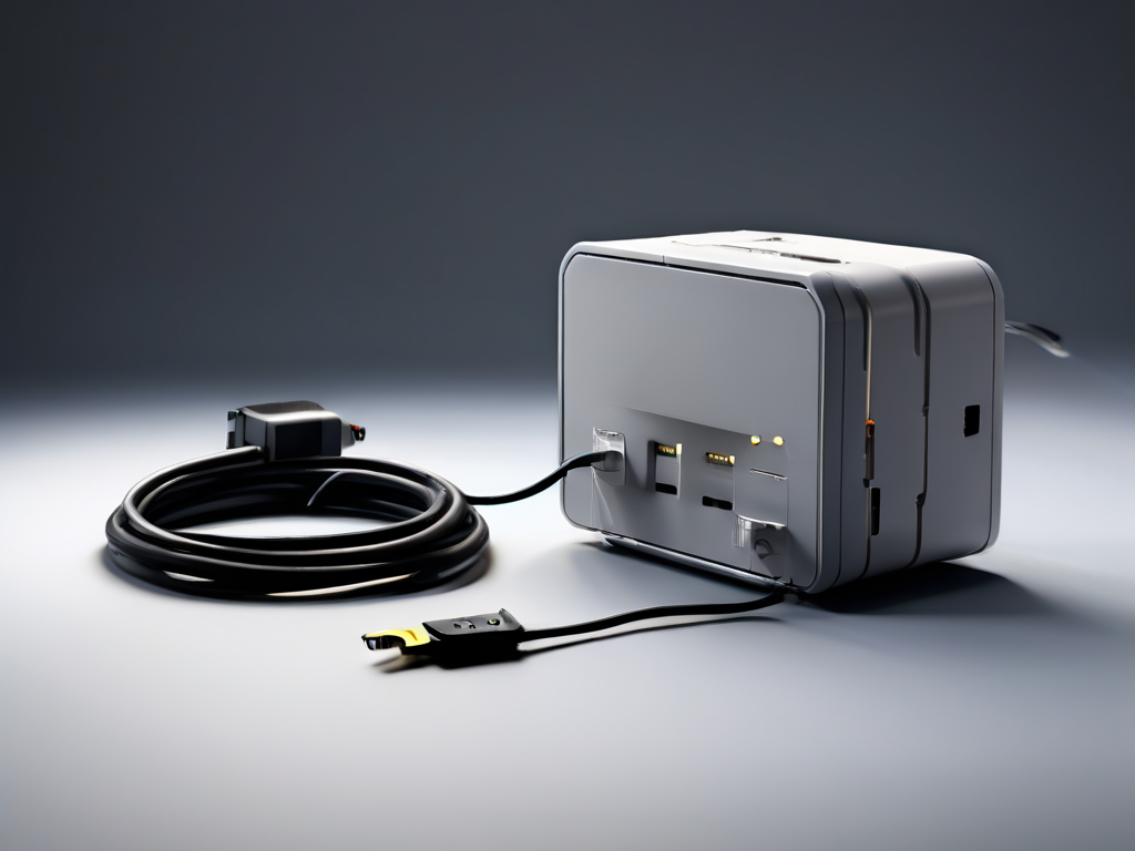 Home router with coiled cable and blank setup card on a matte gray surface under soft side light.