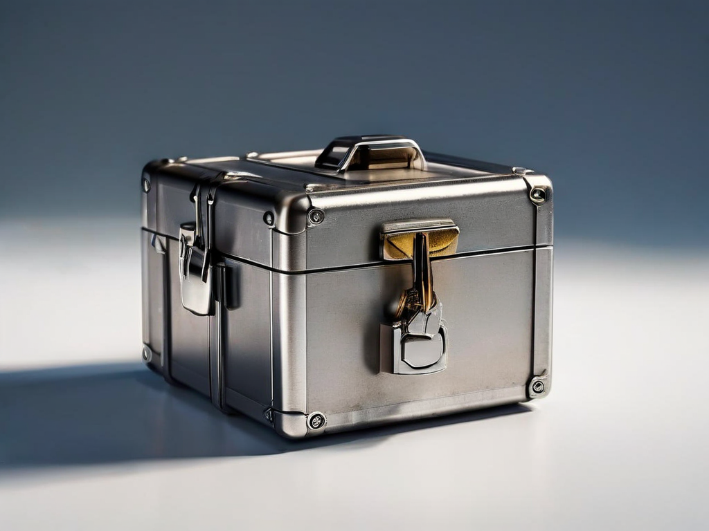 A sealed metal storage case with a short chain and small blocks representing file locations, arranged on a brushed metal surface...