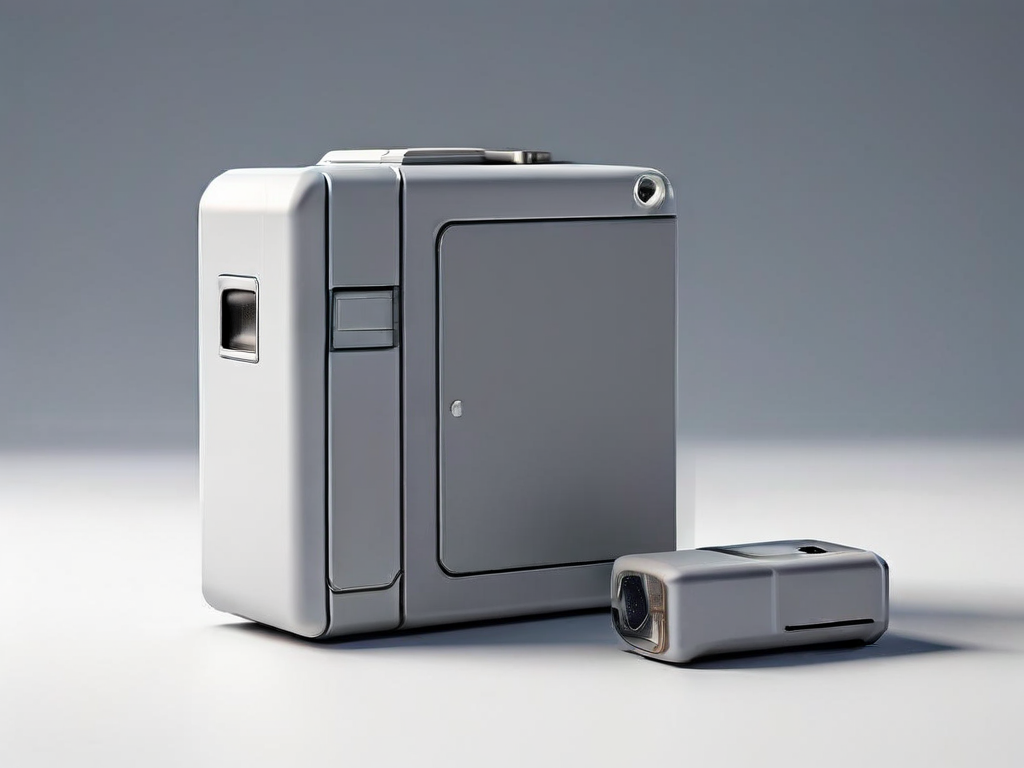 Portable drive with stacked data blocks and small capacity gauge on gray studio surface under soft side light.