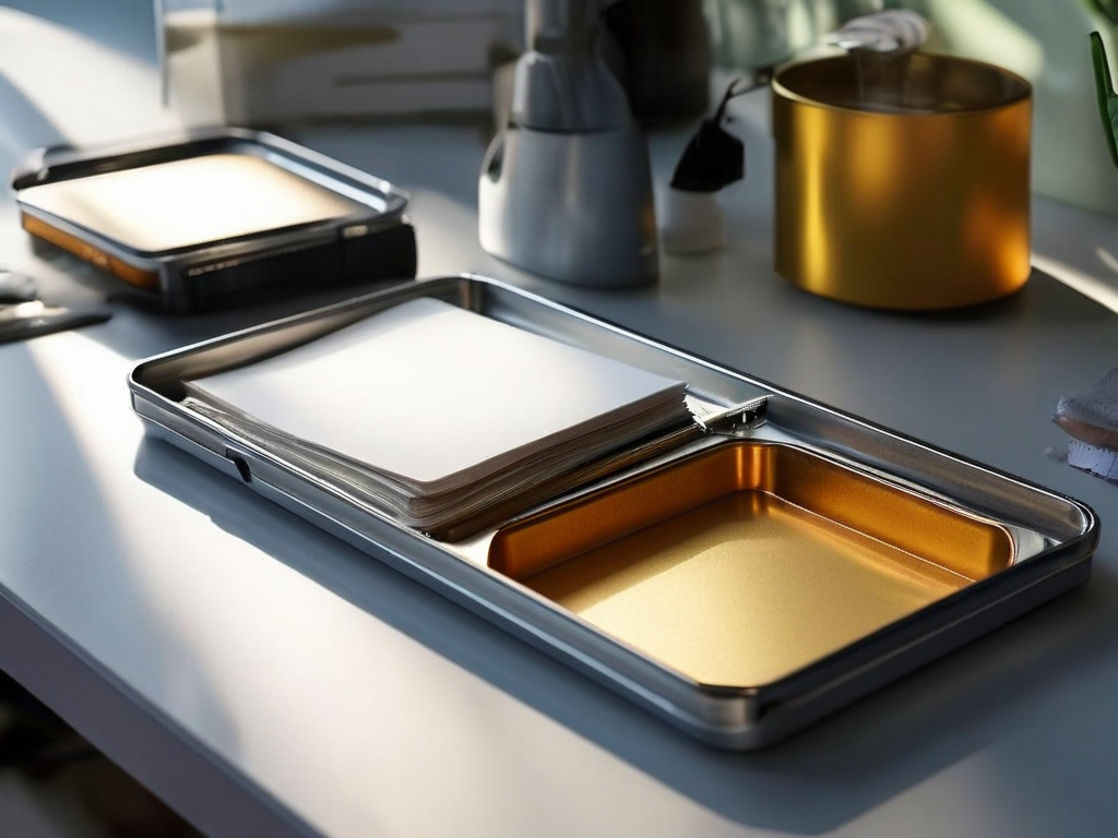Blank divider cards and a compact storage tray on a brushed metal surface, with angled morning daylight casting natural shadows.