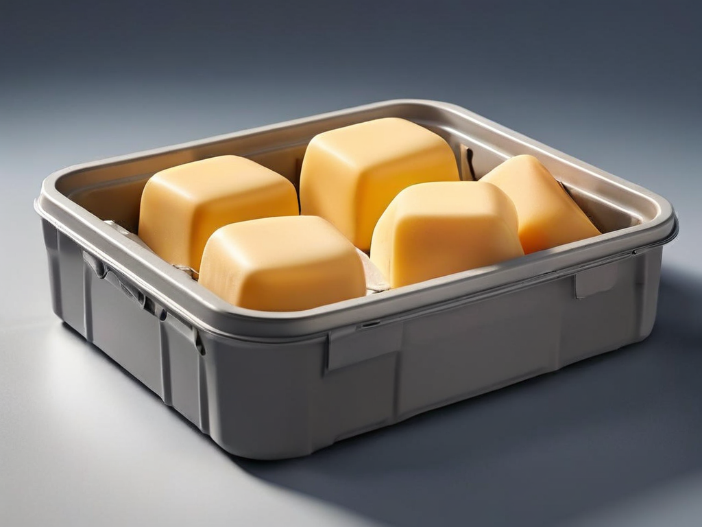 Insulated storage blocks and sealed thermal liners arranged neatly inside a compact packing tray on a gray studio surface.