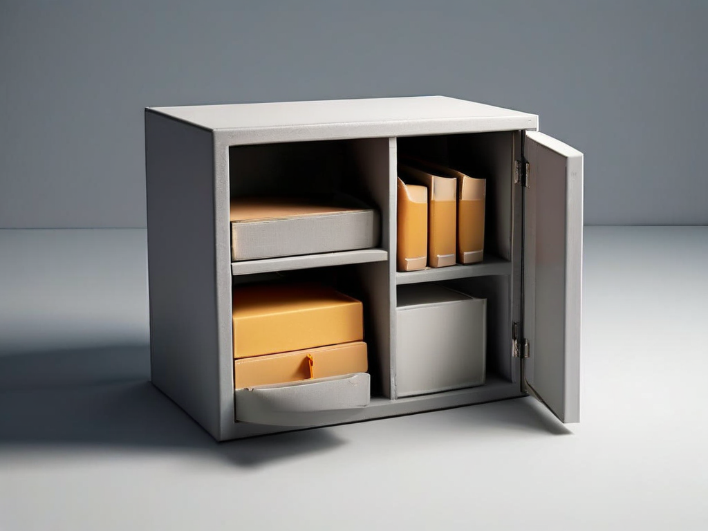 Gray archive boxes and blank compartment inserts on a matte gray surface, soft side light, clean shadows, metaphor for organizing...