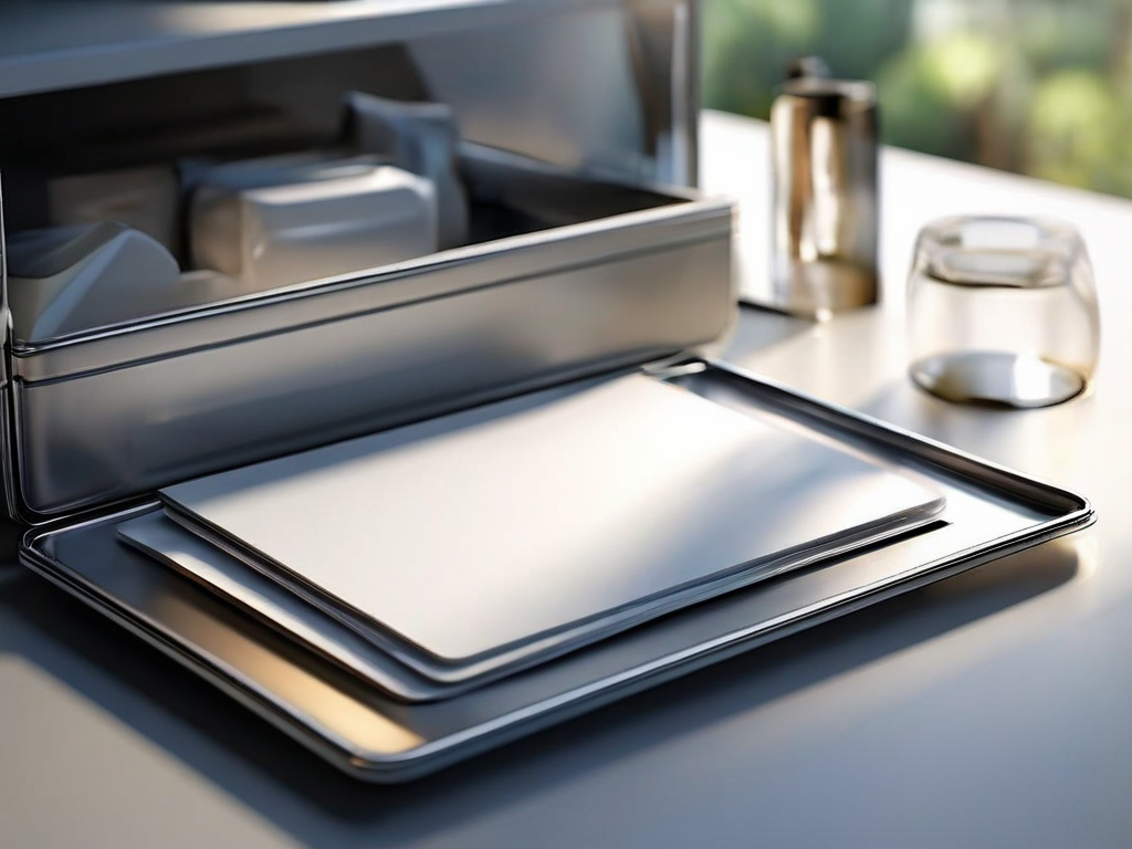 Blank divider cards and storage tray on brushed metal surface in morning light