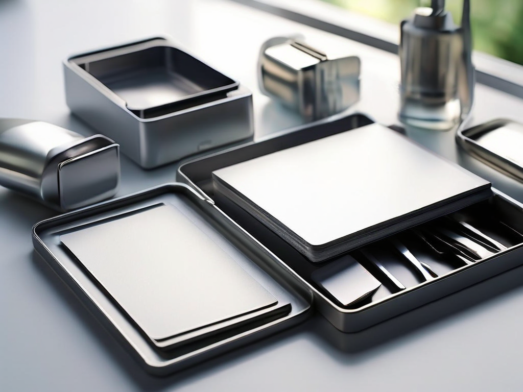Brushed metal dividers and a compact storage tray organize blank reference cards in angled morning light.