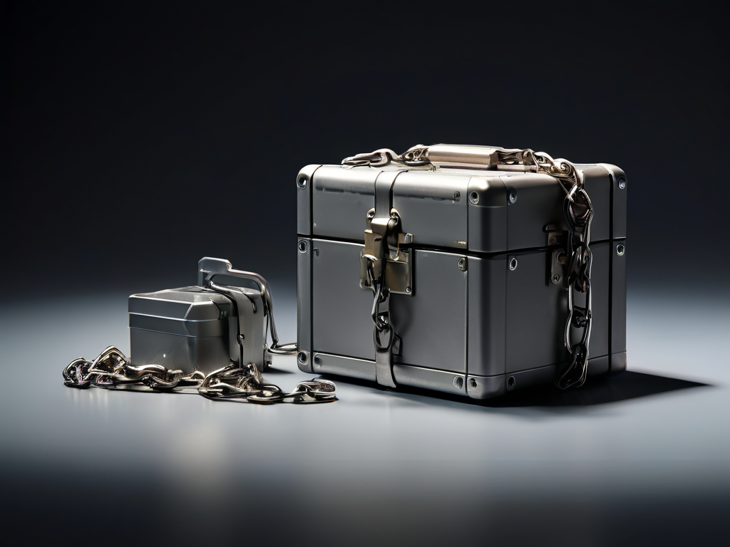 A sealed metal case with a short chain beside small blocks representing linked file locations on a gray studio surface.