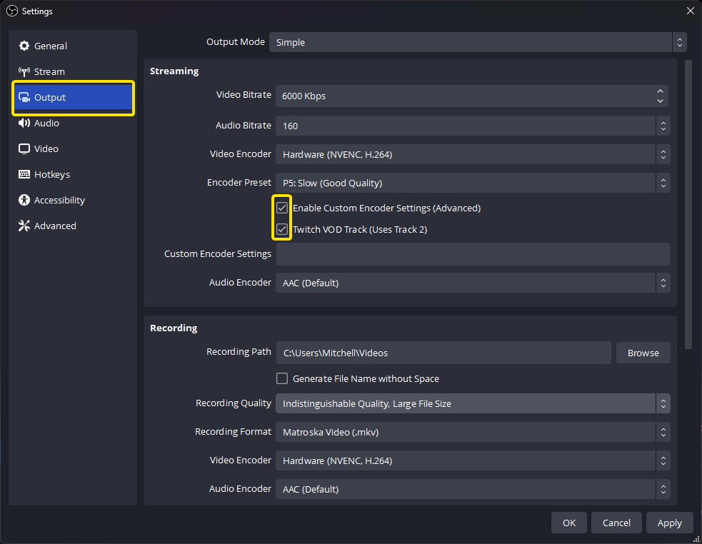 OBS Studio Advanced Audio Properties configured to exclude music from Twitch VOD Track 2 while retaining it on Track 1 for the live audience.